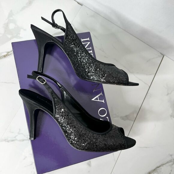 Enzo Angiolini Hitch X3 Black Sequin Shiny Satin Ankle Buckle Peep Toe Heels - Picture 8 of 16